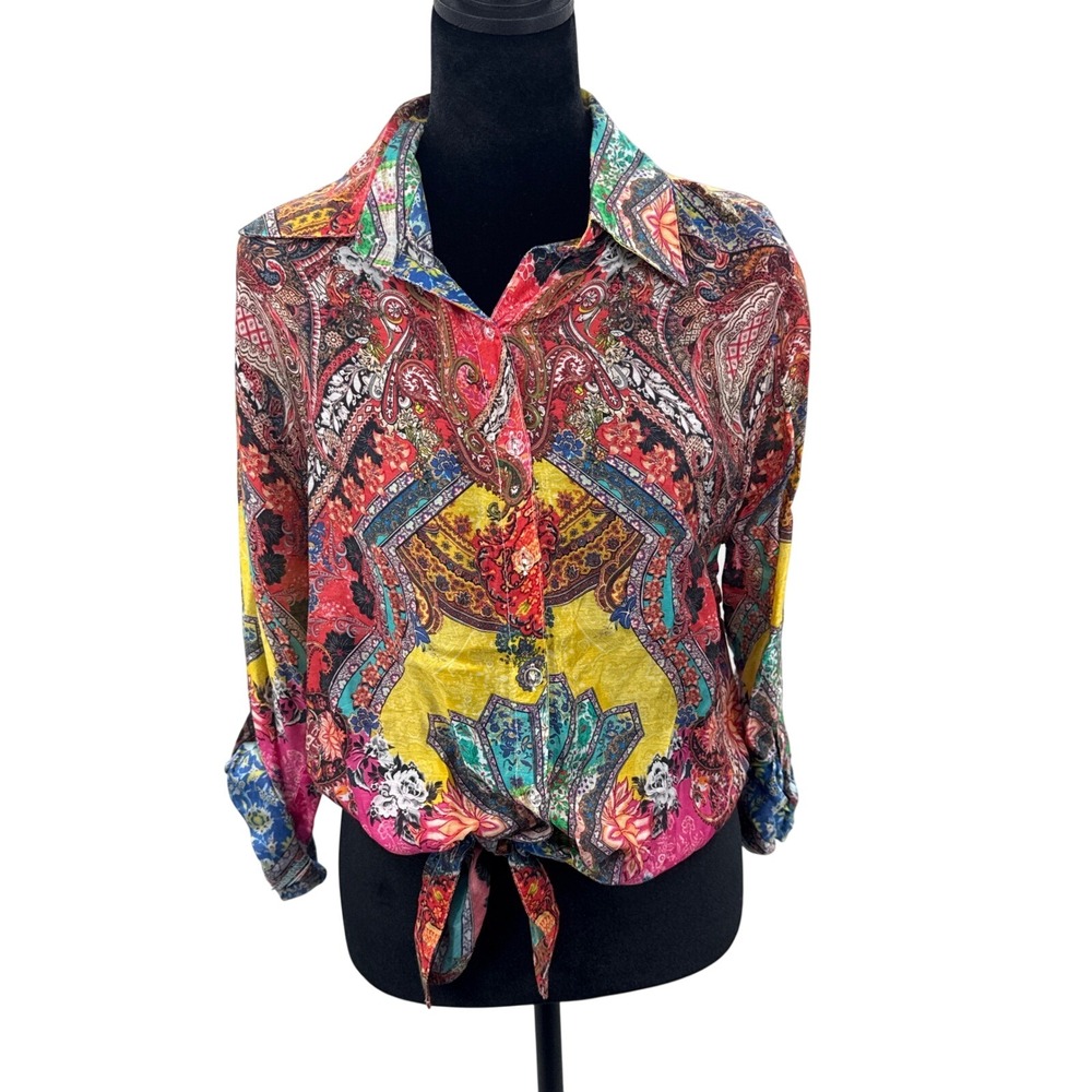 Rhea Womens Small Paisley Floral Tie Front Button Down Viscose Shirt Multi-Color